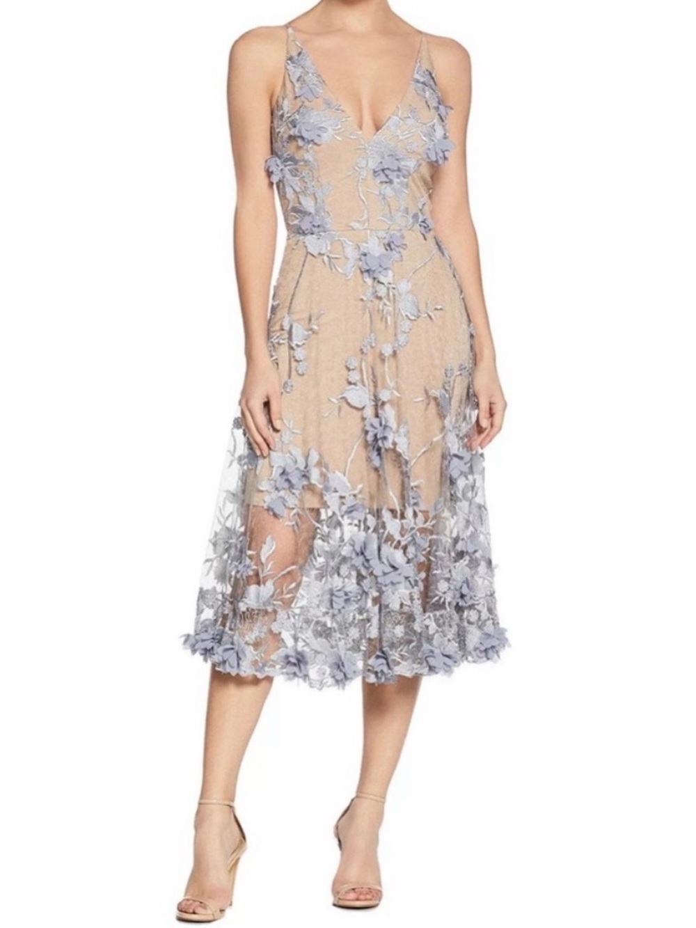 Dress the Population Nude Midi Dress with Lavender Floral Appliqué Size S